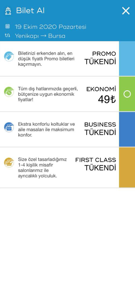 İDO Mobile - IDO Mobile app interface showing ferry ticket classes and prices for a trip from Yenikapi to Bursa.