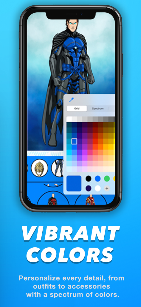 Mobile app interface showing a color palette tool to customize a superhero character outfit