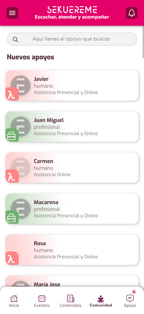 Sekuereme - Interface of Sekuereme app showing new human and professional support contacts in the community tab