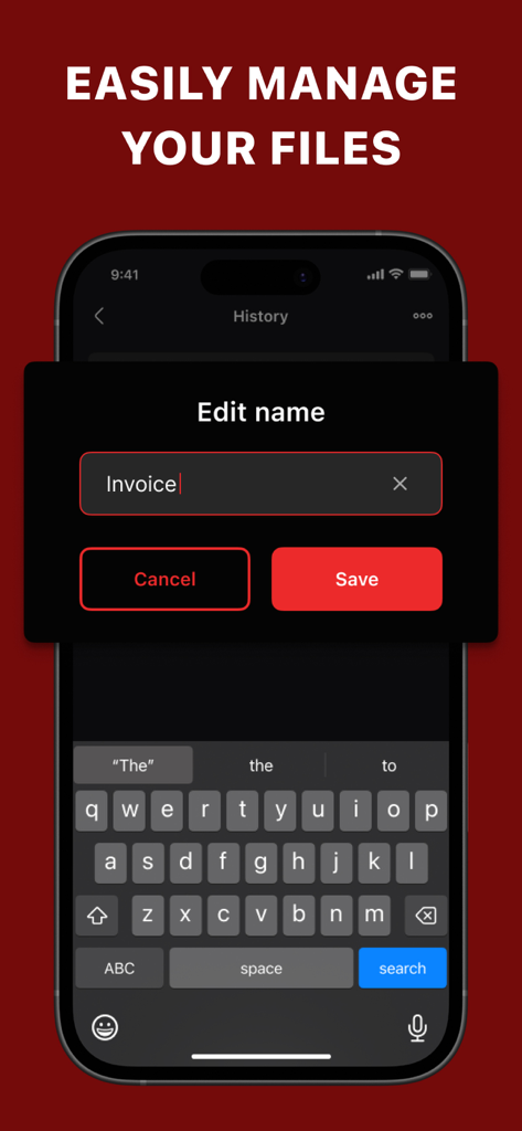 PDF Maker: Editor & Converter - 請求書ドキュメントのファイル名変更機能が表示されているPDF Makerアプリのインターフェース。