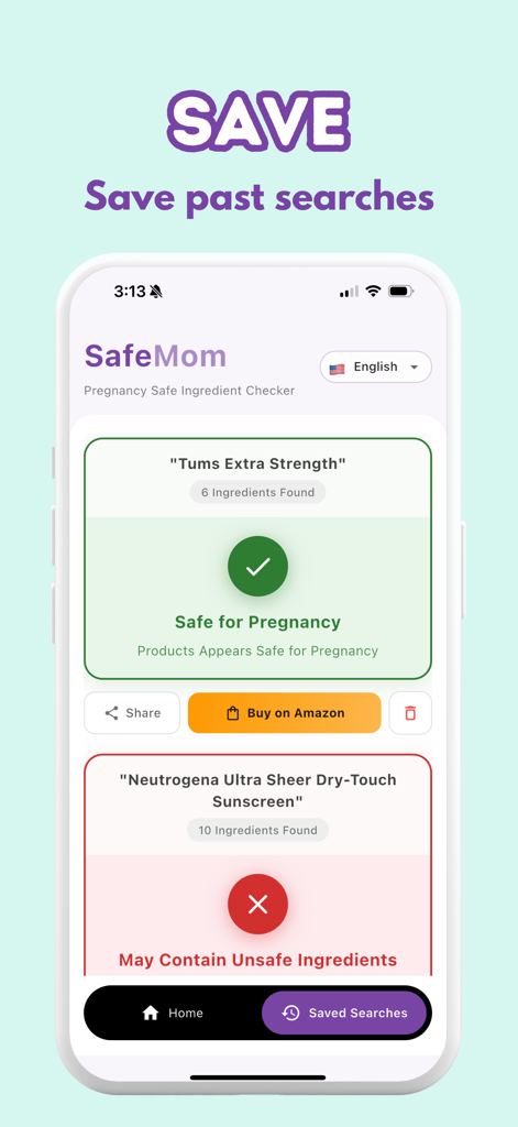 Scans de produits enregistrés dans l'application SafeMom montrant les évaluations de sécurité pour les aliments et les produits de soins de la peau pendant la grossesse.