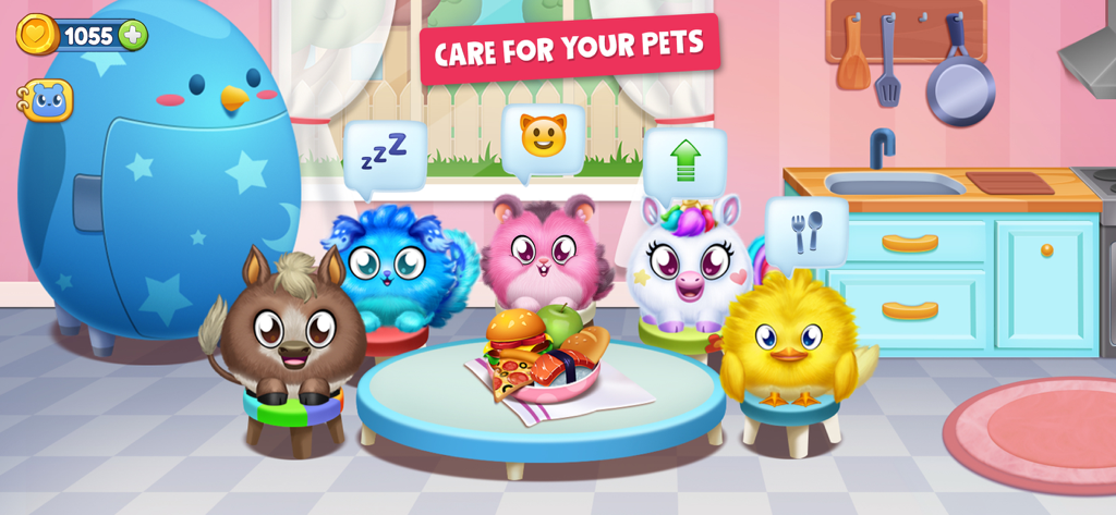 Five colorful virtual pets sitting around a kitchen table with status icons showing their needs