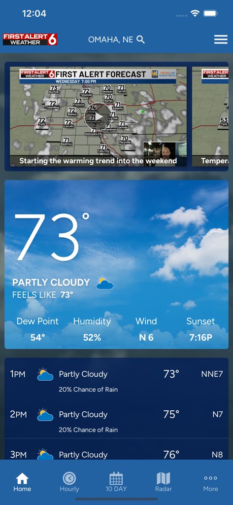 Home screen of the First Alert 6 Weather app showing current weather and hourly forecast for Omaha Nebraska