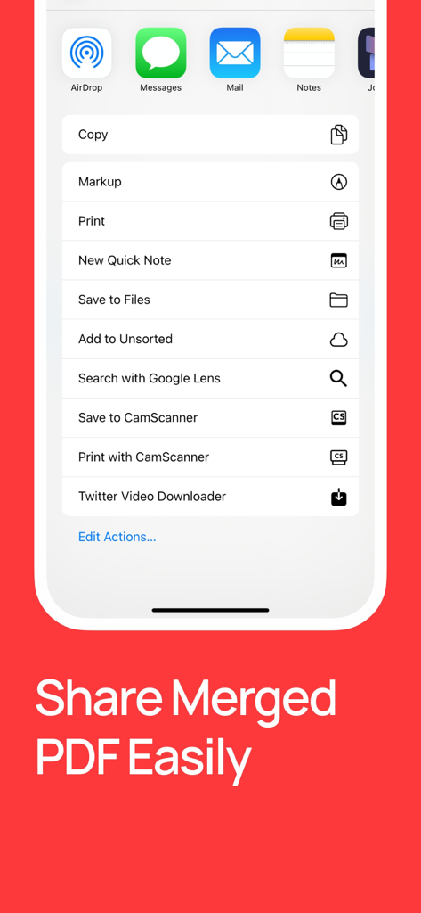 iOS share sheet interface showing options to share a merged PDF document