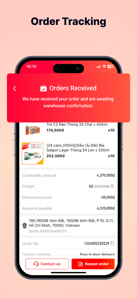 WOWbuy - Mobile screen showing WOWbuy order tracking and confirmation for wholesale products