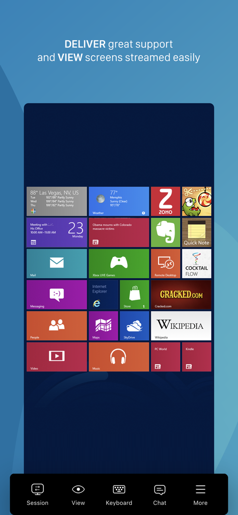 Zoho Assist - Remote Desktop - A mobile phone screen showing a remote Windows desktop interface through the Zoho Assist app