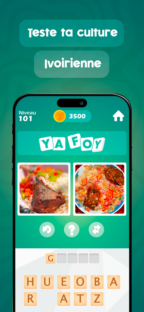 Captura de pantalla de la aplicación móvil YAFOY que muestra un nivel de rompecabezas de palabras sobre la cultura de Costa de Marfil.