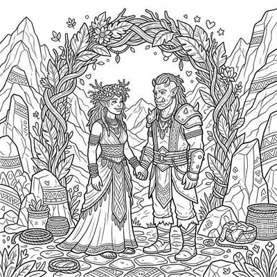 Journey to a fantasy world for a heartwarming Mountain Orc wedding celebration. This unique coloring page blends rugged charm with the joy of a special union, perfect for fantasy lovers.
