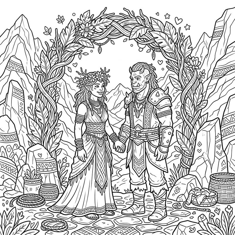 Journey to a fantasy world for a heartwarming Mountain Orc wedding celebration. This unique coloring page blends rugged charm with the joy of a special union, perfect for fantasy lovers.