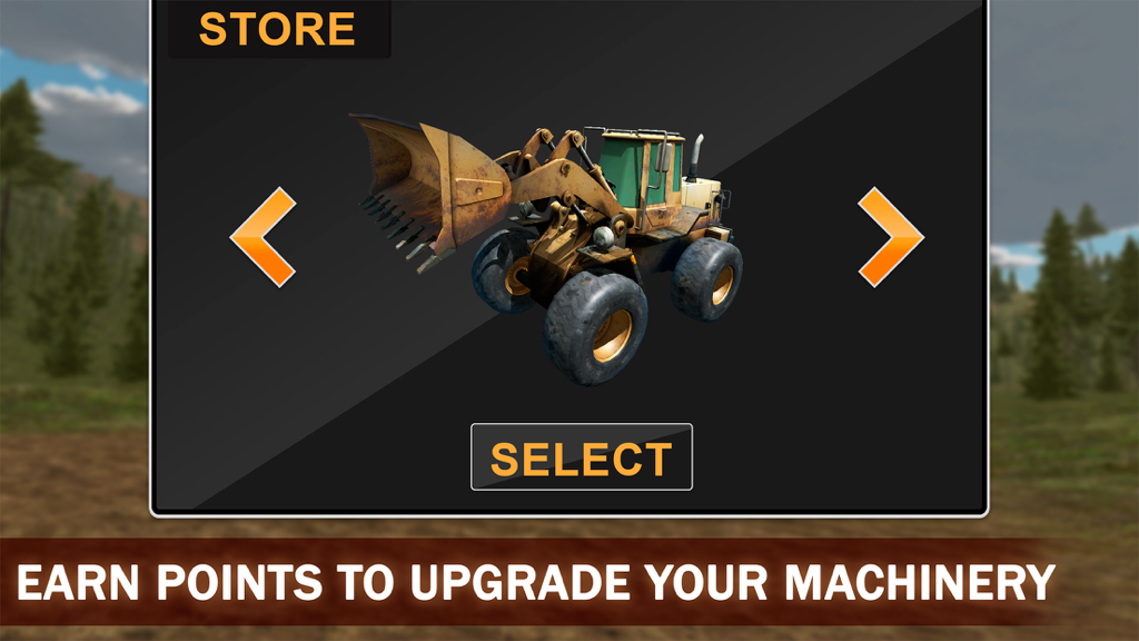 Menü des In-Game-Shops für einen Lader- und LKW-Simulator mit einem gelben Radlader