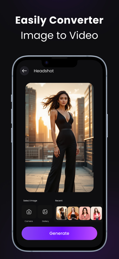 AI Video Generator: TrendVideo - Interface of the TrendVideo app showing the AI headshot and image to video conversion tool.