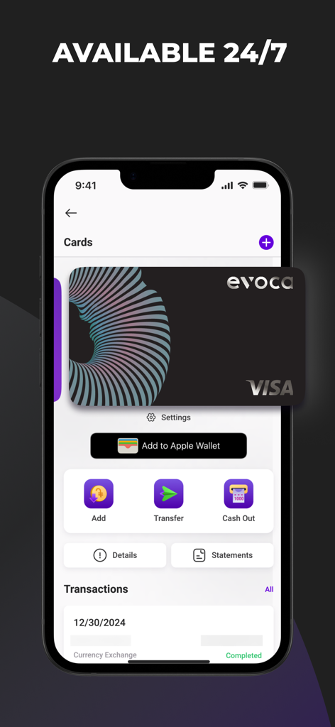 EvocaTOUCH - EvocaTOUCH mobile banking app screen showing a digital Visa card and payment options