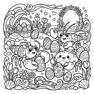 Get ready for an adorable underwater Easter celebration with this unique coloring page! Join our charming crabs and lobsters as they discover decorated eggs amidst spring flowers and gentle waves.