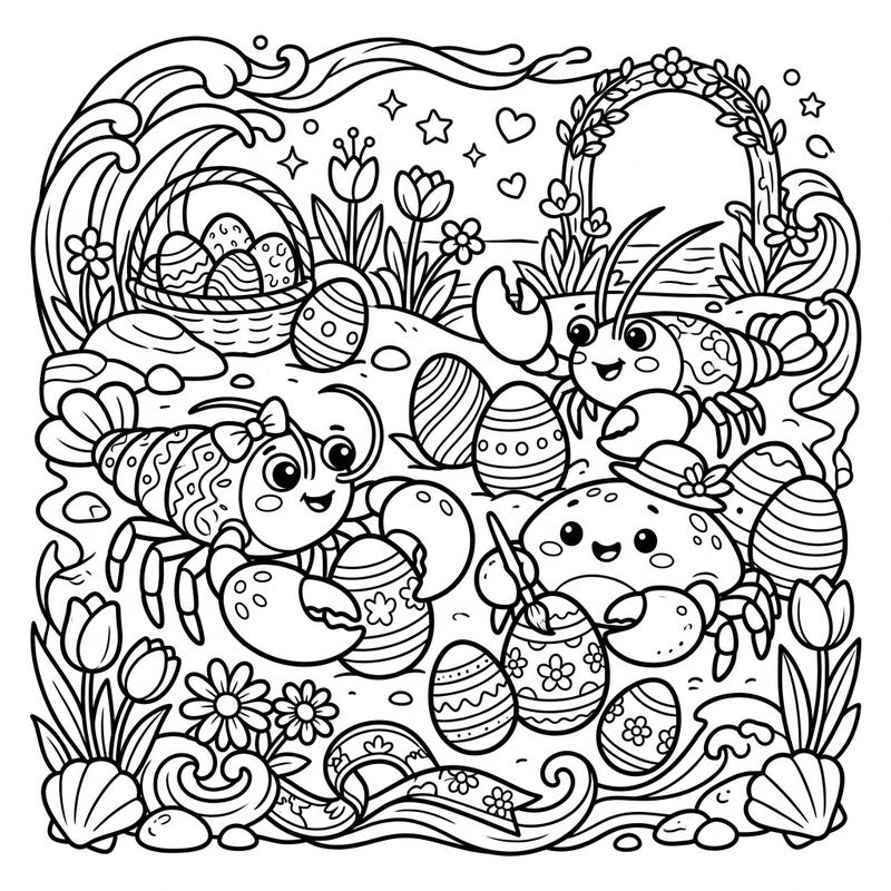Get ready for an adorable underwater Easter celebration with this unique coloring page! Join our charming crabs and lobsters as they discover decorated eggs amidst spring flowers and gentle waves.