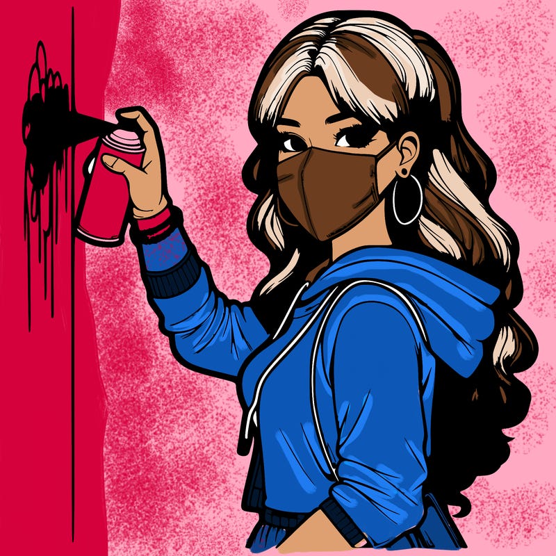 realistic girl with mask spray painting a wall