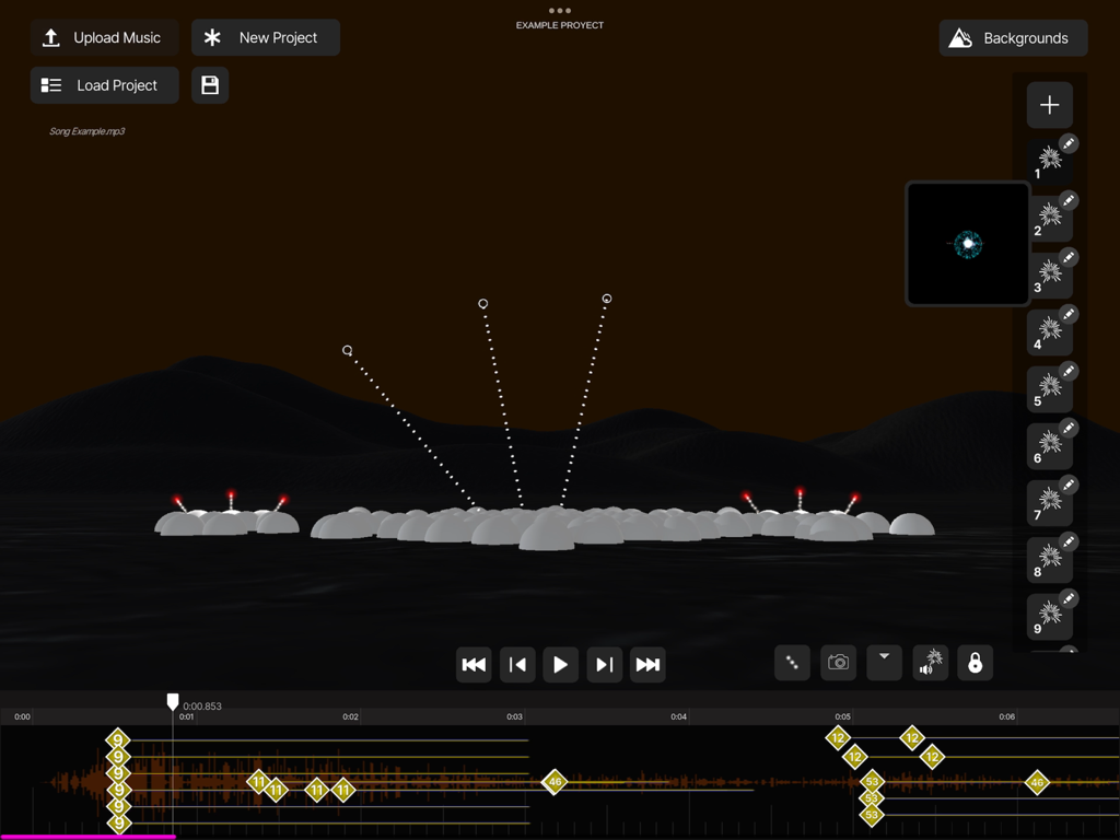Interface of the Pyro Simulator app showing the firework display editor and music synchronization timeline.