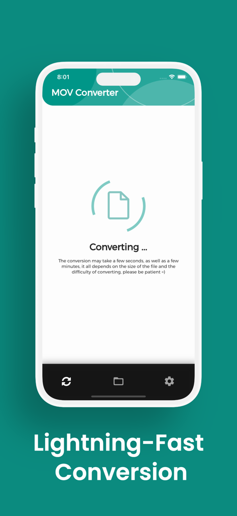 Tela de smartphone mostrando o processo de conversão ultrarrápido no aplicativo MOV Converter.
