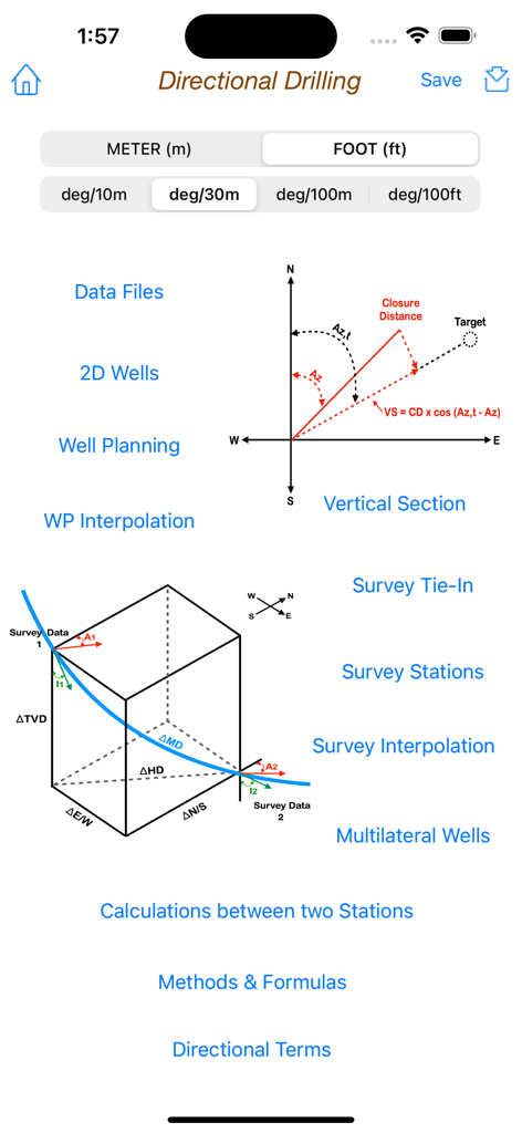 Directional Drilling - Main menu of the Directional Drilling app featuring technical diagrams and petroleum engineering calculation tools.