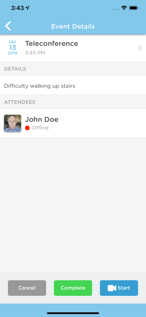 Teleconference event details screen in LifeguardHCP showing patient symptoms and a start call button