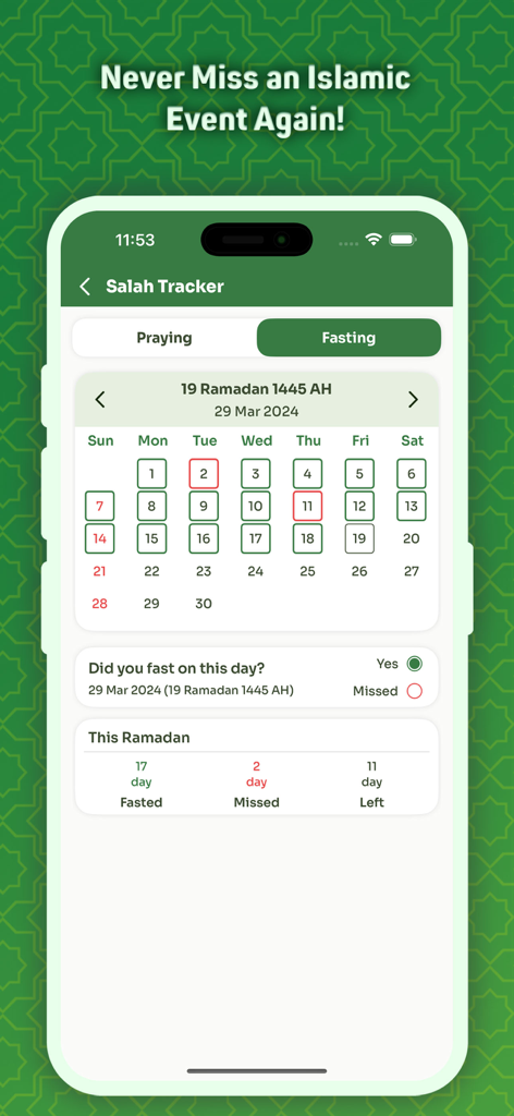 Hijri Calendar : Salah Tracker - Islamic fasting tracker and Ramadan calendar summary on a mobile app screen