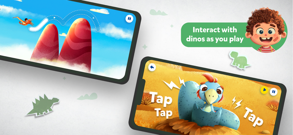 Orboot Dinos AR by PlayShifu - 어린이를 위한 인터랙티브 공룡 활동 및 교육 게임을 특징으로 하는 Orboot Dinos AR 앱 화면