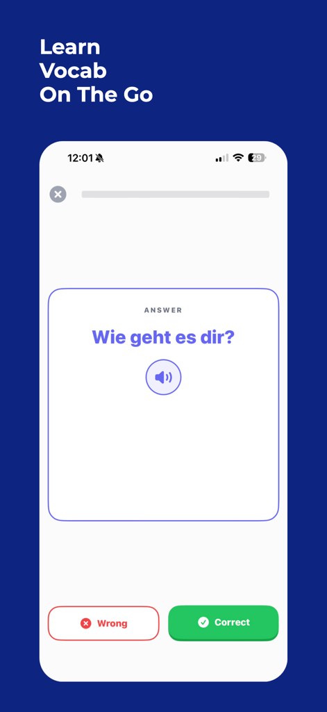 lairner - Lairner app vocabulary learning interface showing a German flashcard with audio and response buttons