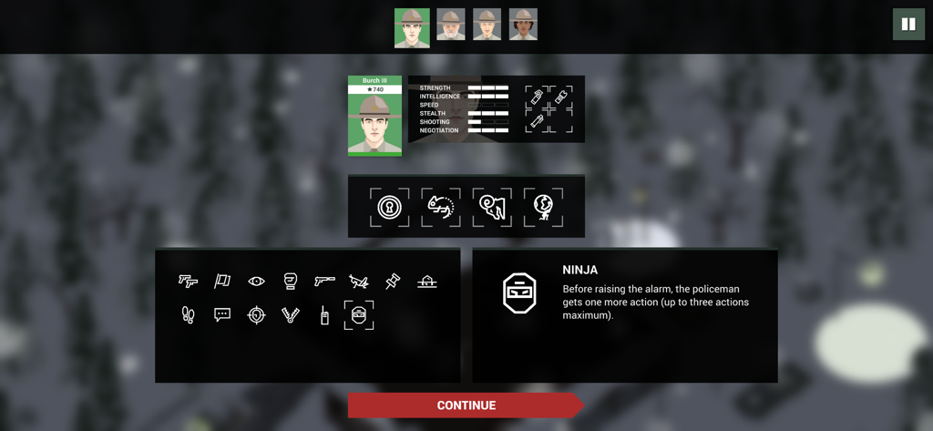 This Is the Police 2 - Character management screen in This Is the Police 2 showing officer stats and the Ninja perk description