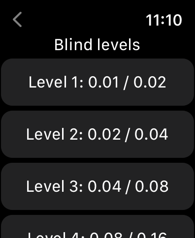 Heads up! - Poker Blind Timer - Poker blind levels list on Apple Watch interface
