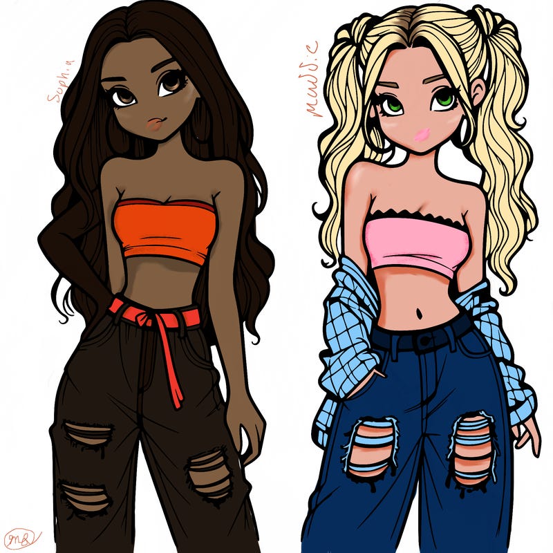 2 girls in crop tops and baggy jeans ripped
