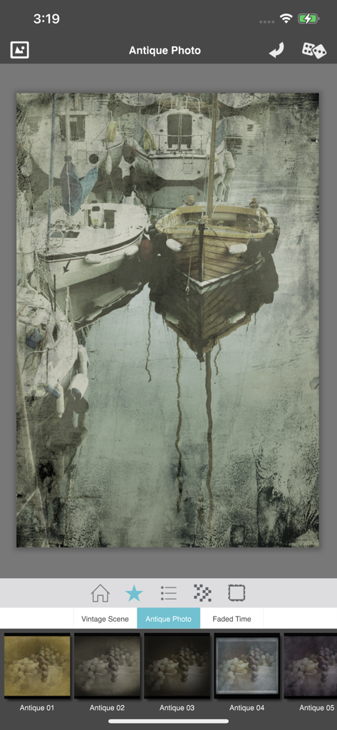 Vintage Scene - Vintage Scene app interface showing an antique photo filter applied to a scene with boats