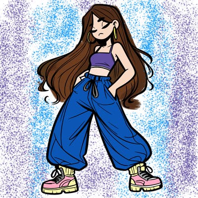 girl in baggy pants crop top and long hair
