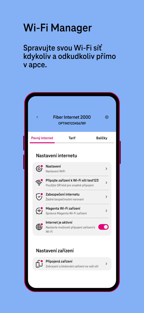 Interfaz de la app Můj T-Mobile mostrando el Gestor Wi-Fi y la configuración de Internet en casa.