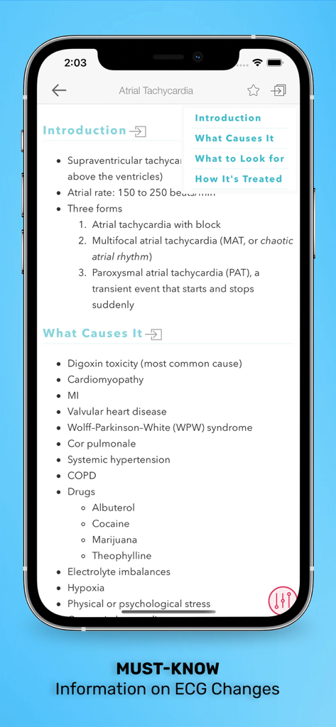 ECG Interpretation: Pkt Guide - A mobile screen showing clinical information and causes for Atrial Tachycardia in the ECG Interpretation app
