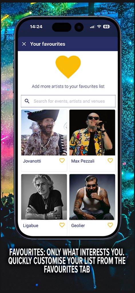 TicketOne - Tela de favoritos do aplicativo TicketOne mostrando artistas salvos e uma barra de pesquisa de eventos.