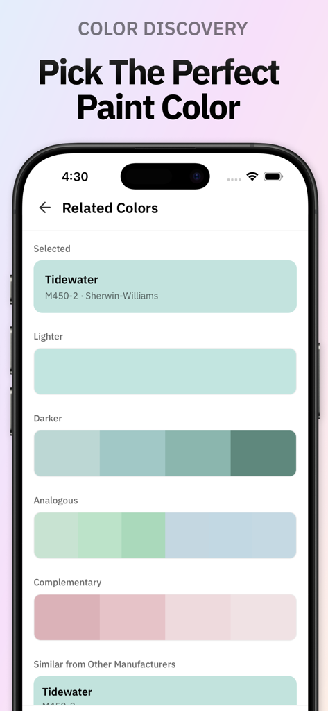The Repaint app Related Colors screen showing color palettes for lighter, darker, analogous, and complementary shades.