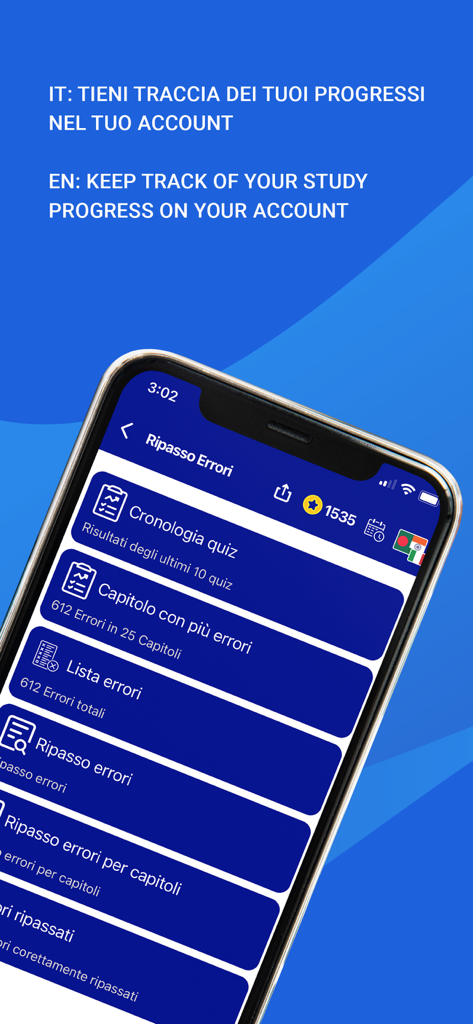 Interface d'application mobile montrant l'historique des quiz et les options d'analyse des erreurs pour l'examen du permis de conduire italien.