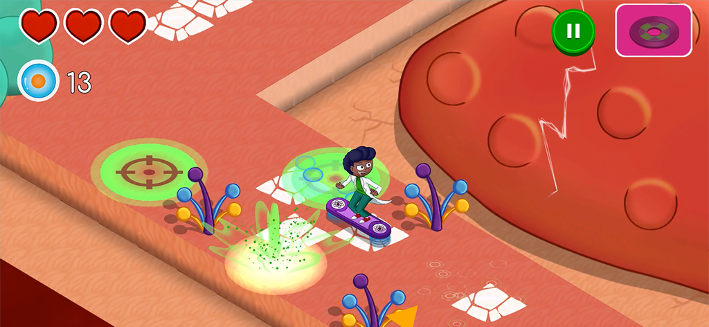 A scientist character riding a nanoskate through the human body in an educational STEM science game