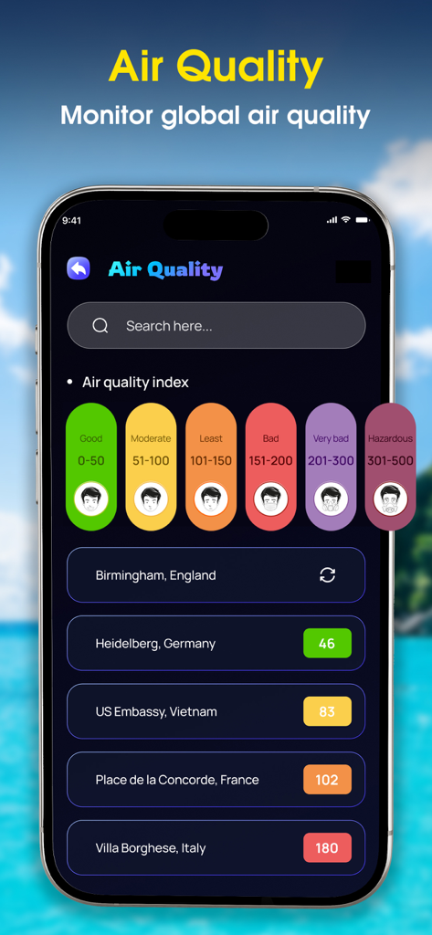 Live Satellite View - 3D Map - Interfaz del índice de calidad del aire que muestra niveles globales y clasificaciones de ciudades