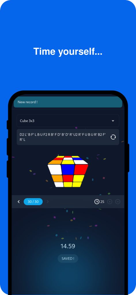 Una interfaz de cronómetro de speedcubing en la aplicación Cube Solver 3D que muestra un tiempo de resolución de 14.59 segundos para un cubo 3x3