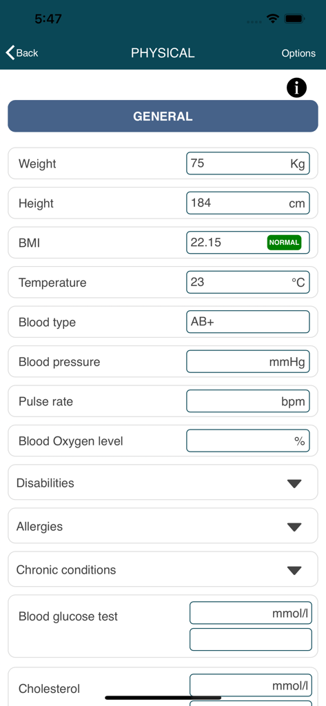 LifeData - LifeData app screen for tracking physical health vitals like weight BMI and blood pressure