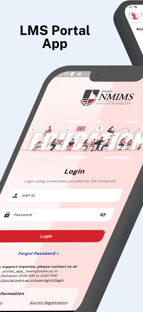 Écran de connexion de l'application mobile LMS Portal SVKM NMIMS