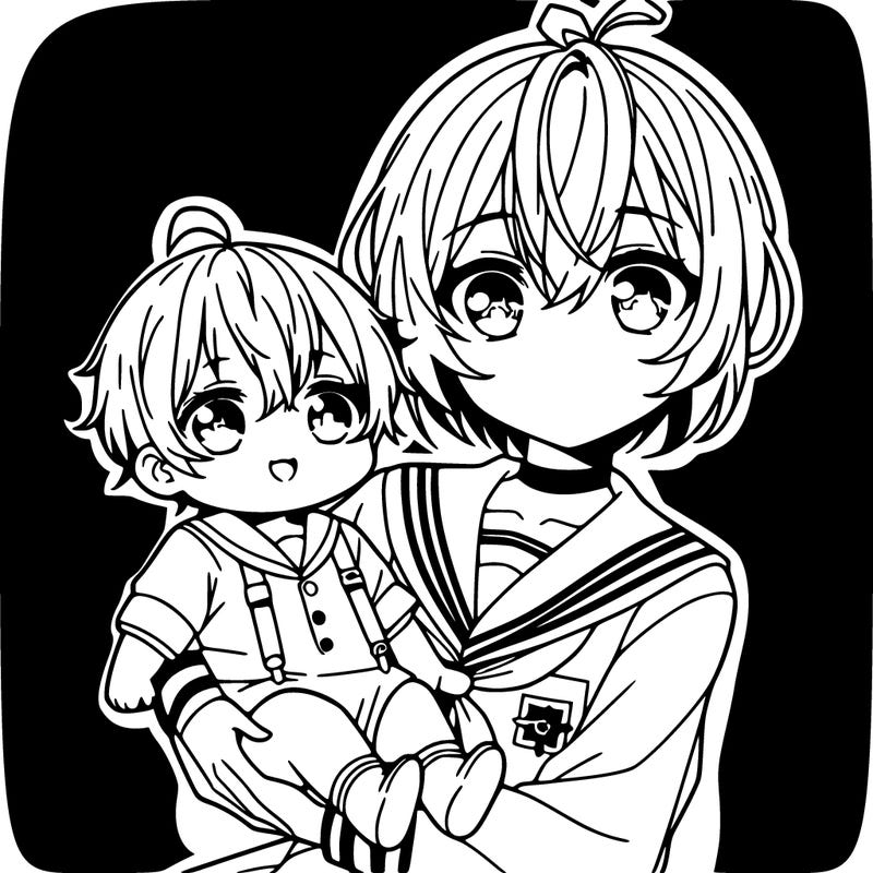 an anime girl holding a baby boy