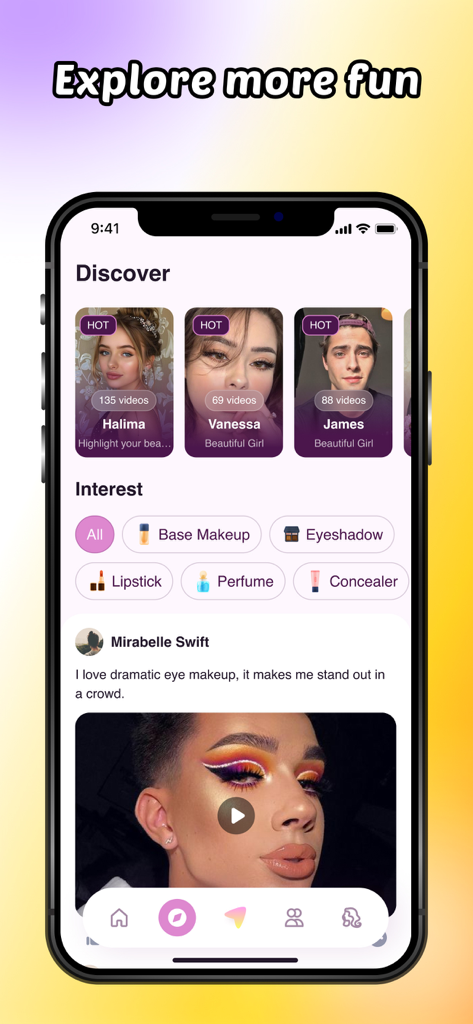 Velvet - Video Chat, Makeup - A mobile app screen showing makeup creator profiles and beauty interest categories