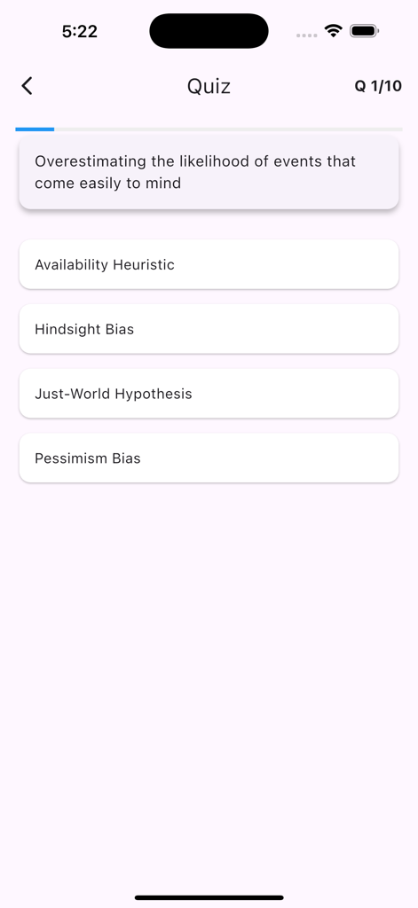 Mobile app interface for a cognitive bias quiz featuring a question about the availability heuristic.