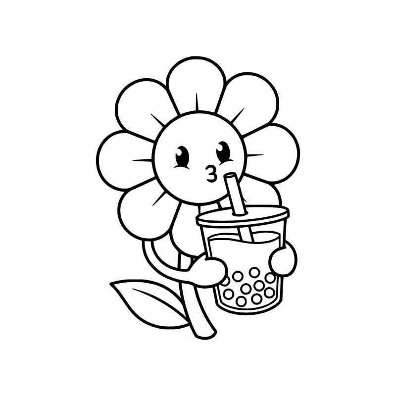 flower with a smiley face drinking a boba