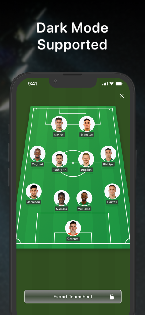 Teamsheet - Soccer Line Up - A soccer team lineup and formation screen on a digital pitch showcasing dark mode support