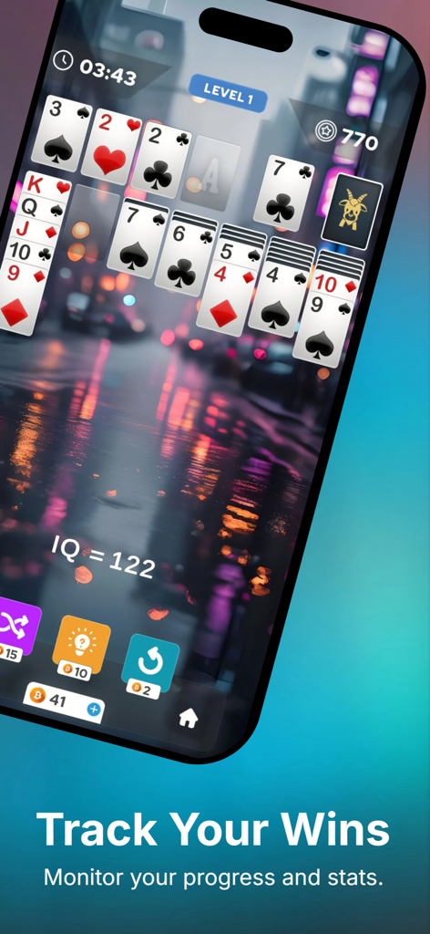 Solitaire Classic – Klondike - Gameplay screen of Solitaire Classic Klondike showing the win tracking and statistics interface