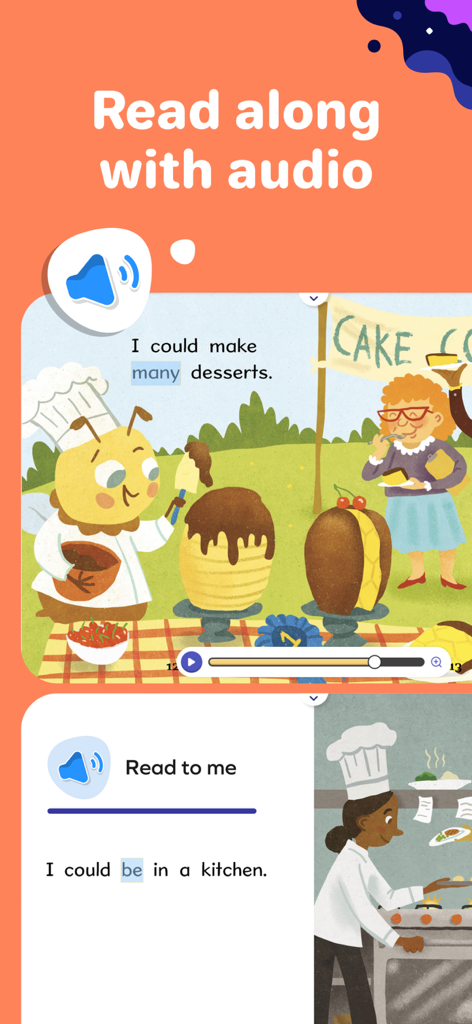 Splash Books: Kids Reading App - Interface of Splash Books showing the read along with audio feature on an illustrated children's storybook