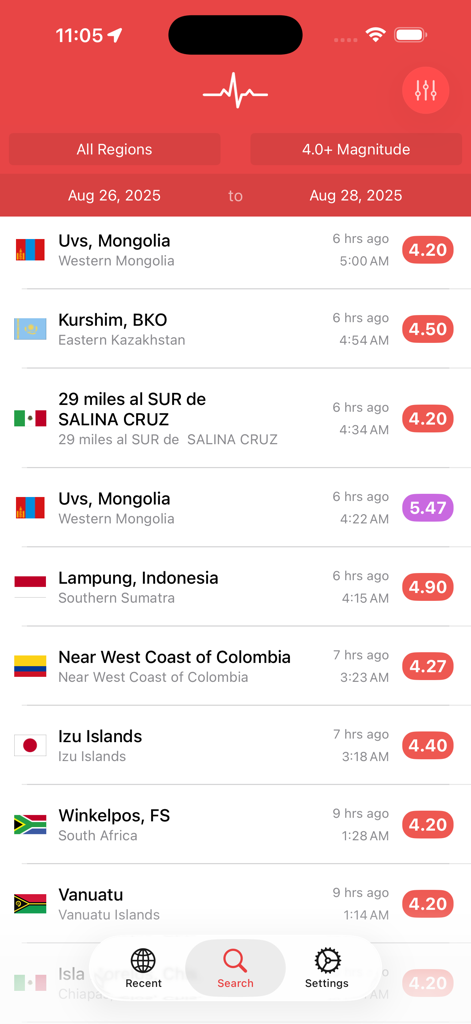 My Earthquake Alerts Pro - A list of recent global earthquakes showing magnitudes and locations in the My Earthquake Alerts Pro app interface