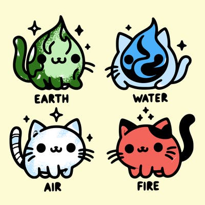 4 cats that represent the different elements, earth, water, air, and fire